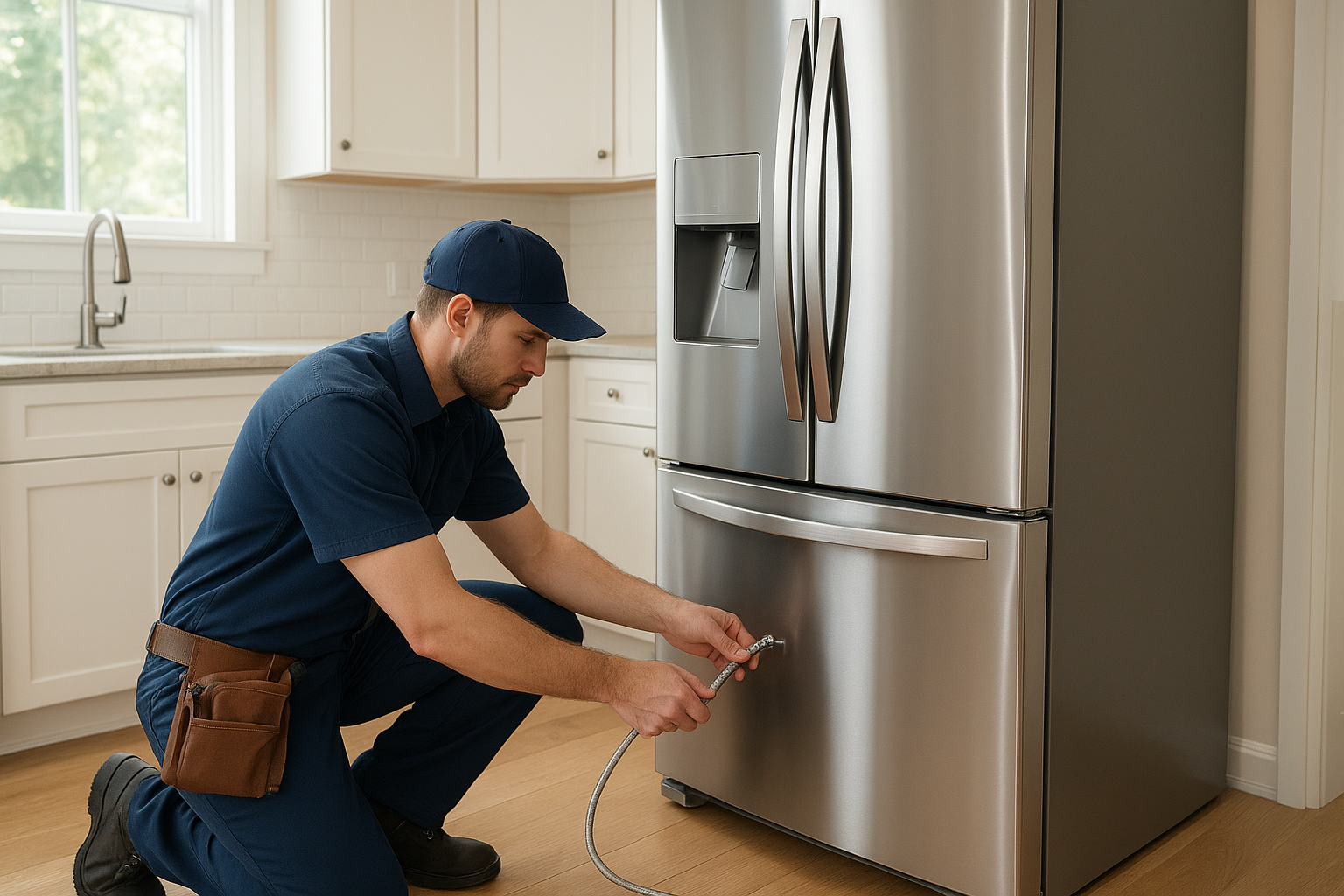 Technician completing an appliance install near me service for a refrigerator in a Santa Rosa kitchen