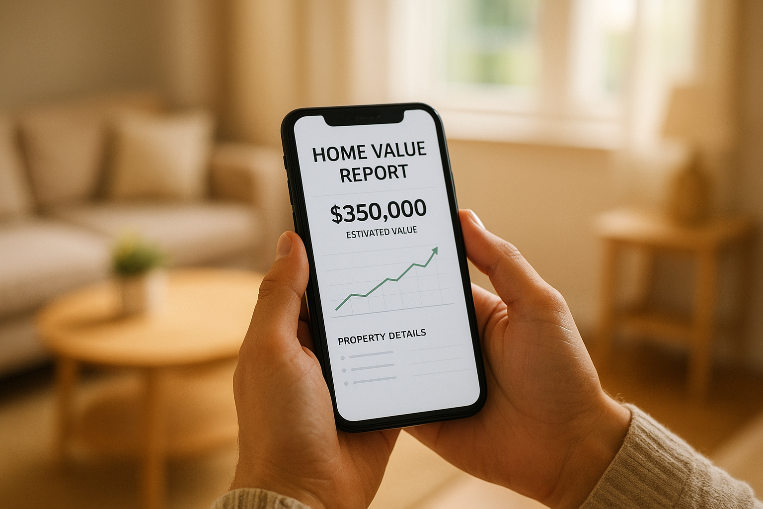 Homeowner viewing a personal home value report on a smartphone in a living room