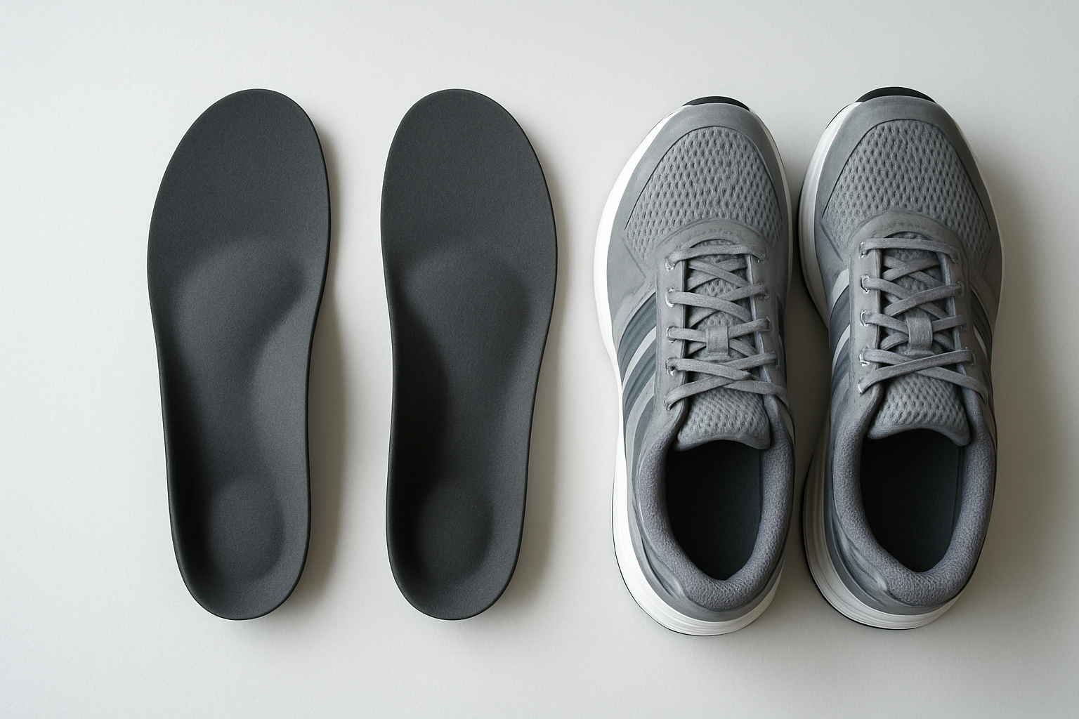 Custom orthotics for sports placed next to running shoes on a white surface