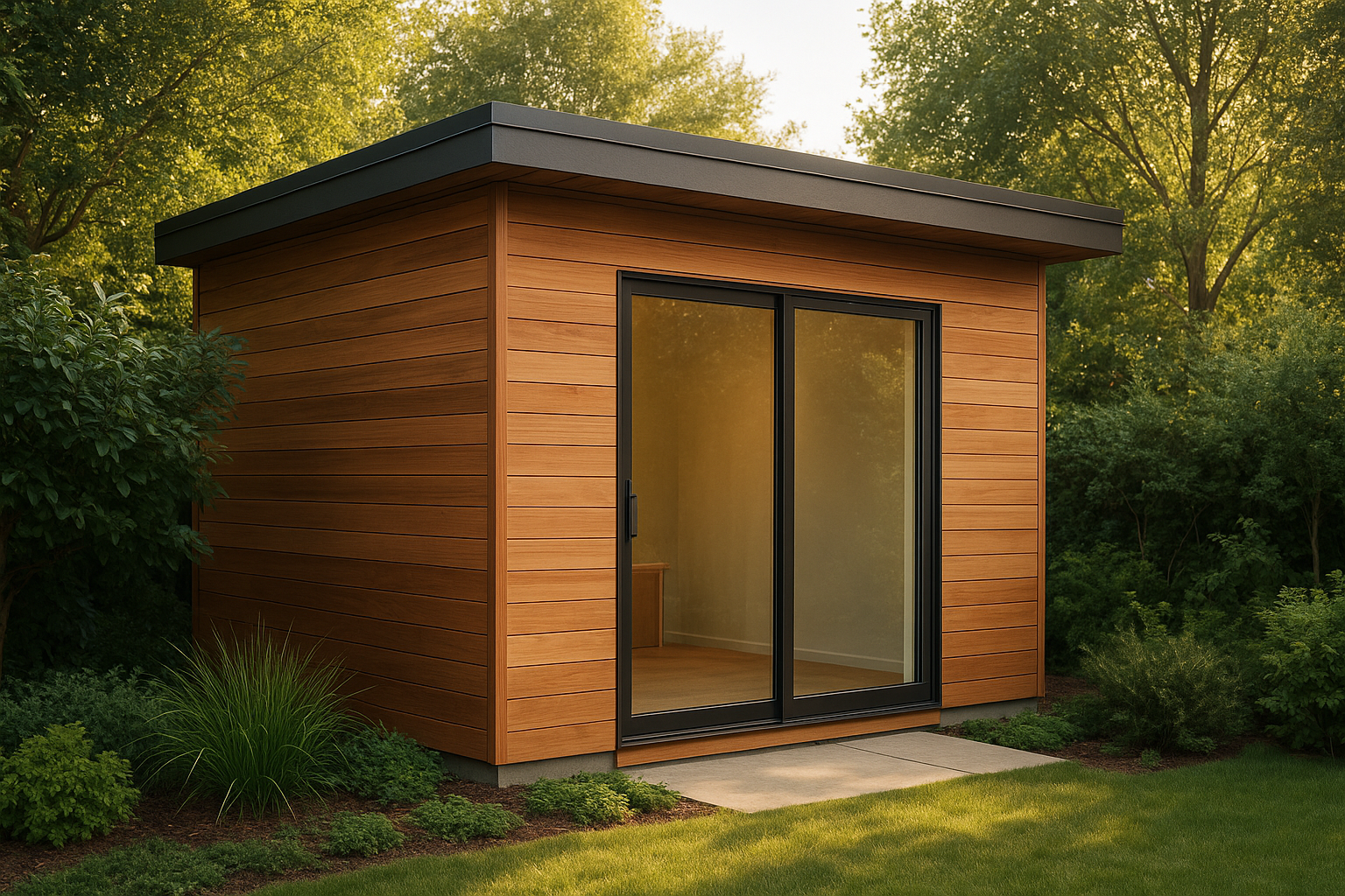 Modern 500 square feet ADU with cedar siding and large glass door in a backyard garden setting