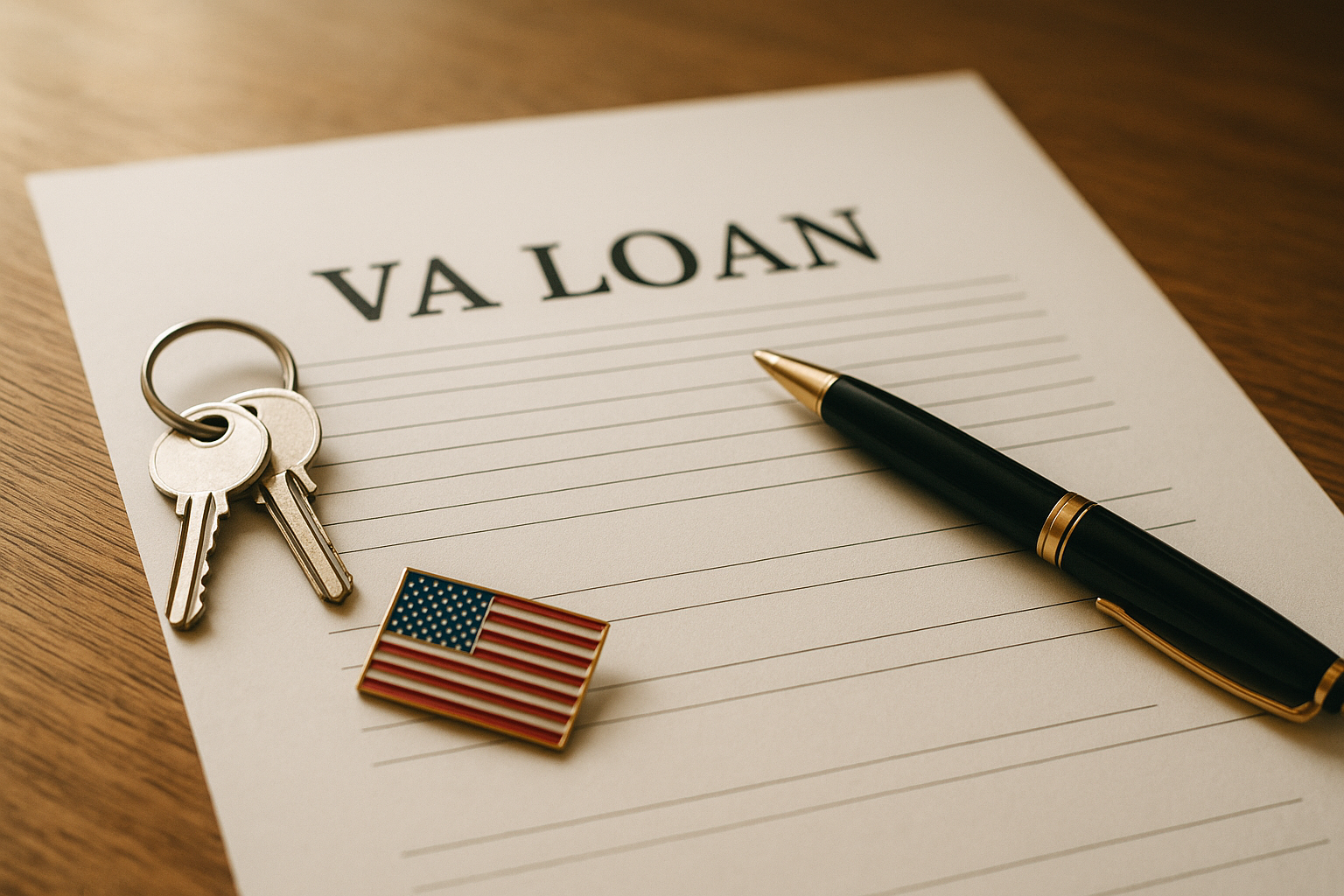VA loan paperwork and house keys prepared for military home buyers