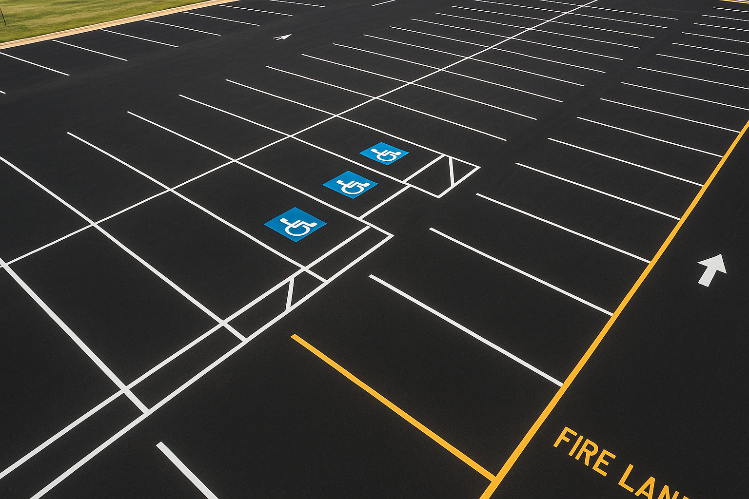 Freshly completed parking lot striping services showing white stall lines, ADA symbols, and fire lane markings on dark asphalt