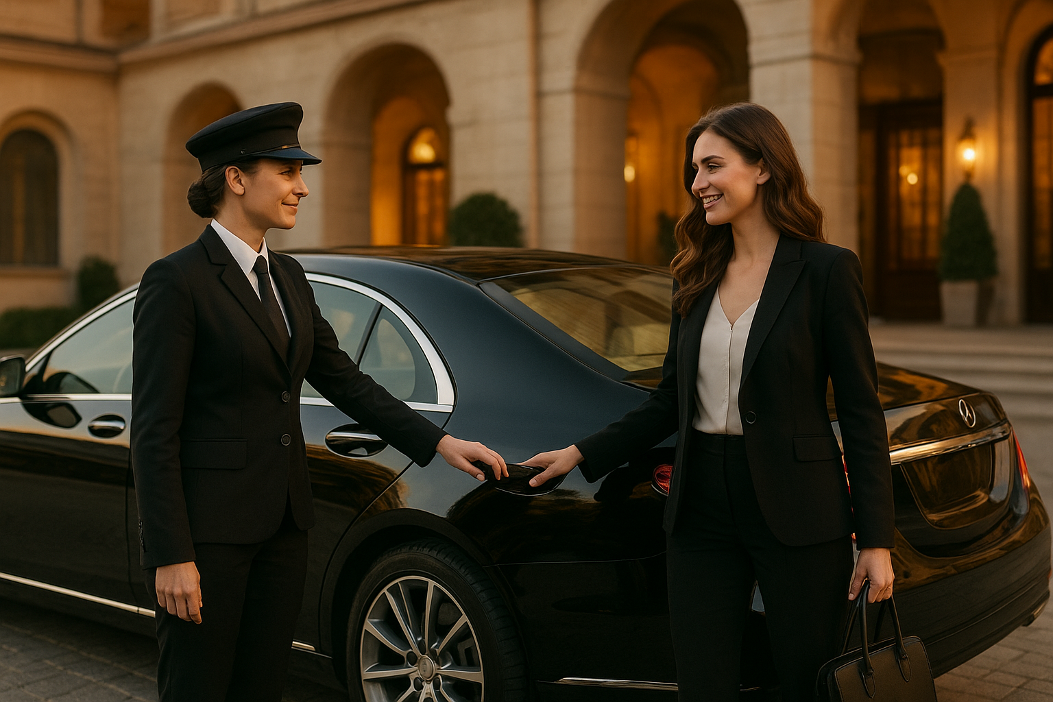 Lady chauffeur opening a car door for a client outside a wedding venue in Charlotte