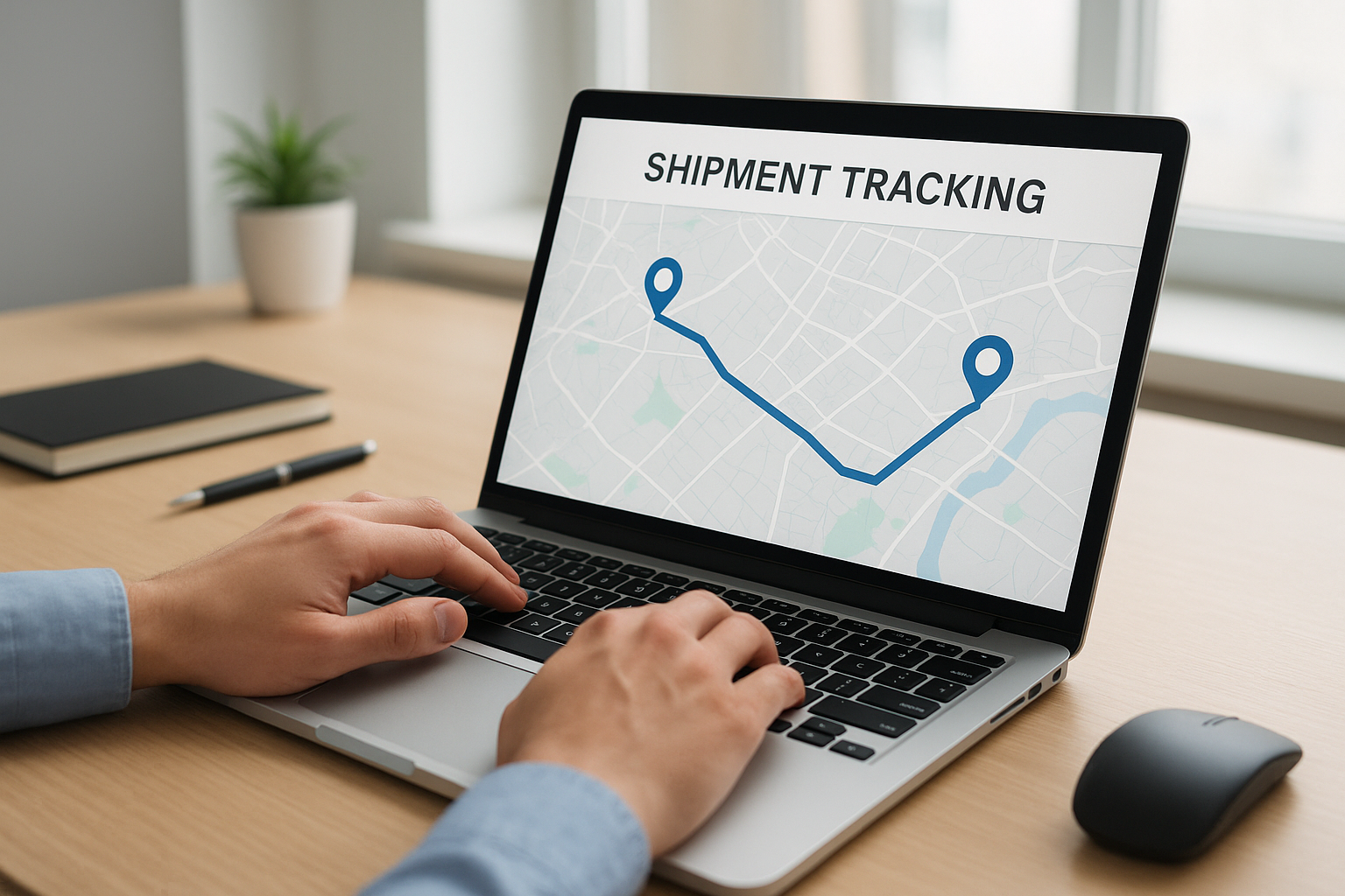 Logistics coordinator tracking an LTL freight shipment on a laptop map