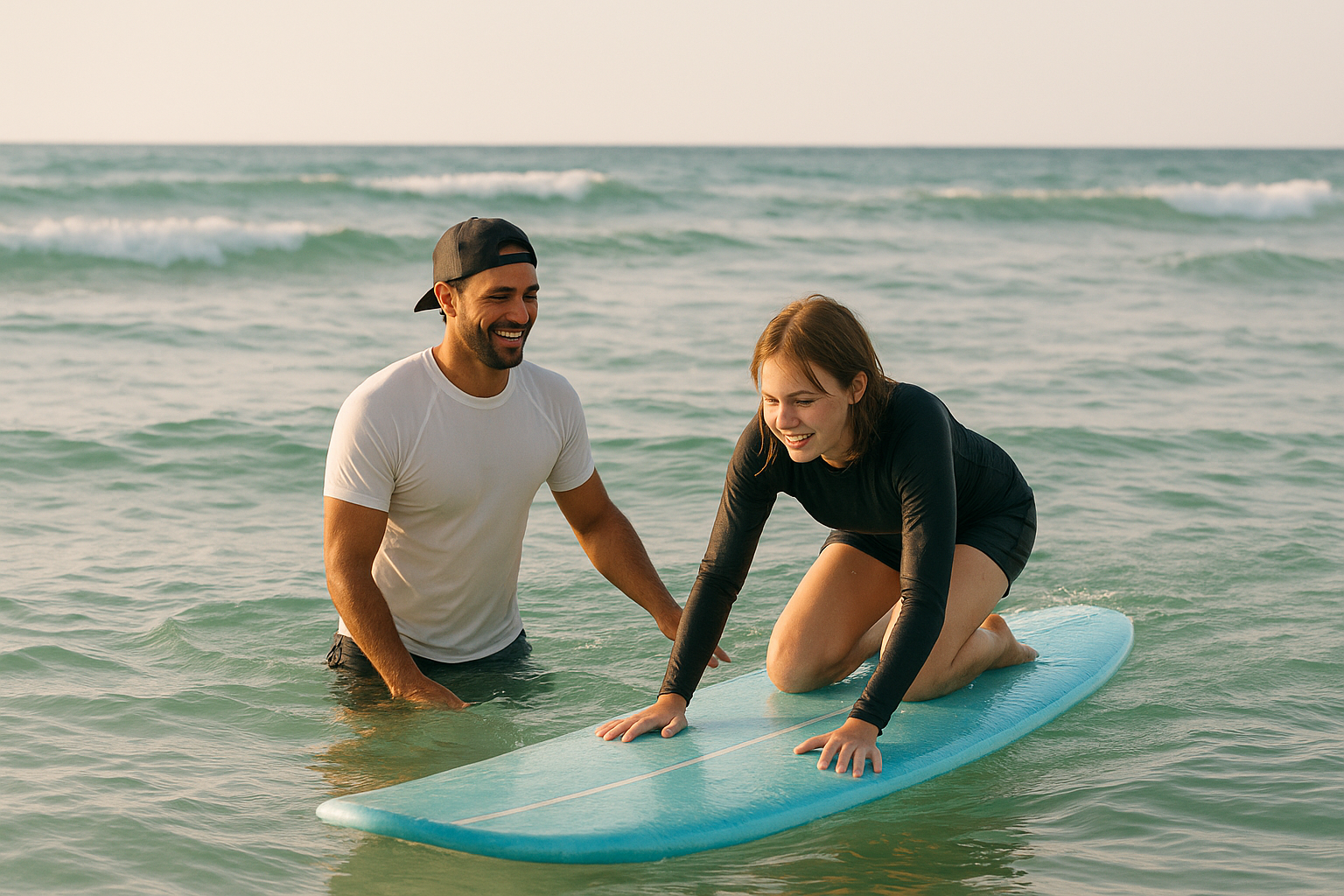 Instructor guiding a student during surfing Oahu lessons in turquoise water