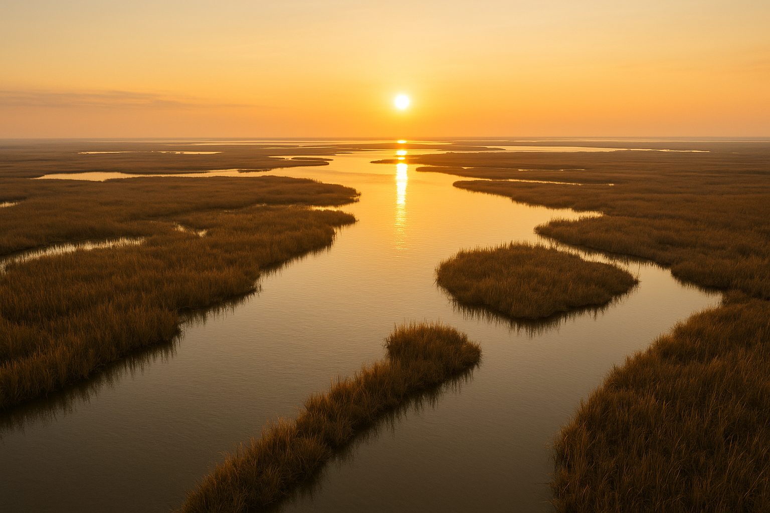 Aerial drone photography of a Louisiana waterway at sunrise near Acadiana