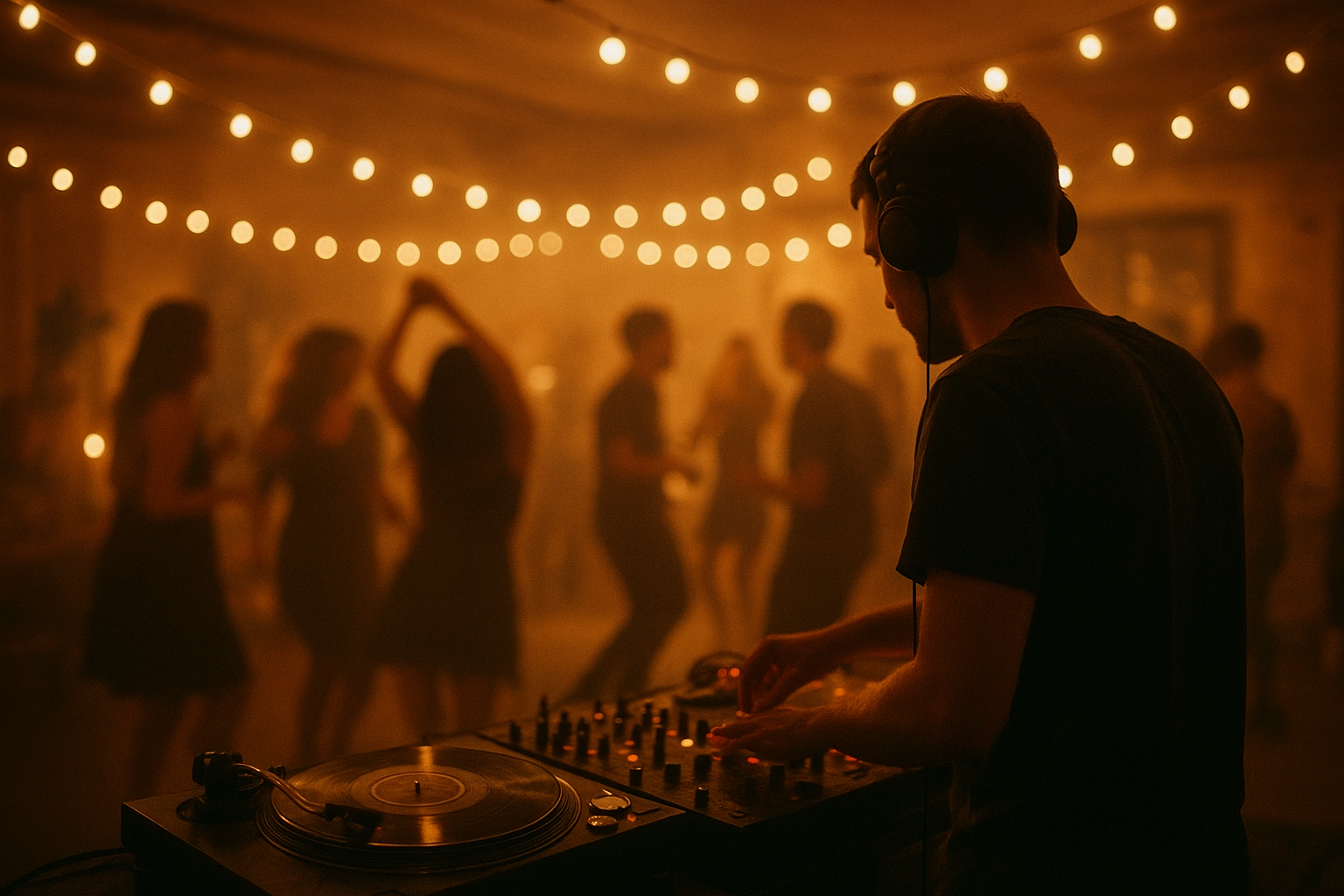 DJ booth lit for private event DJ services at an evening celebration