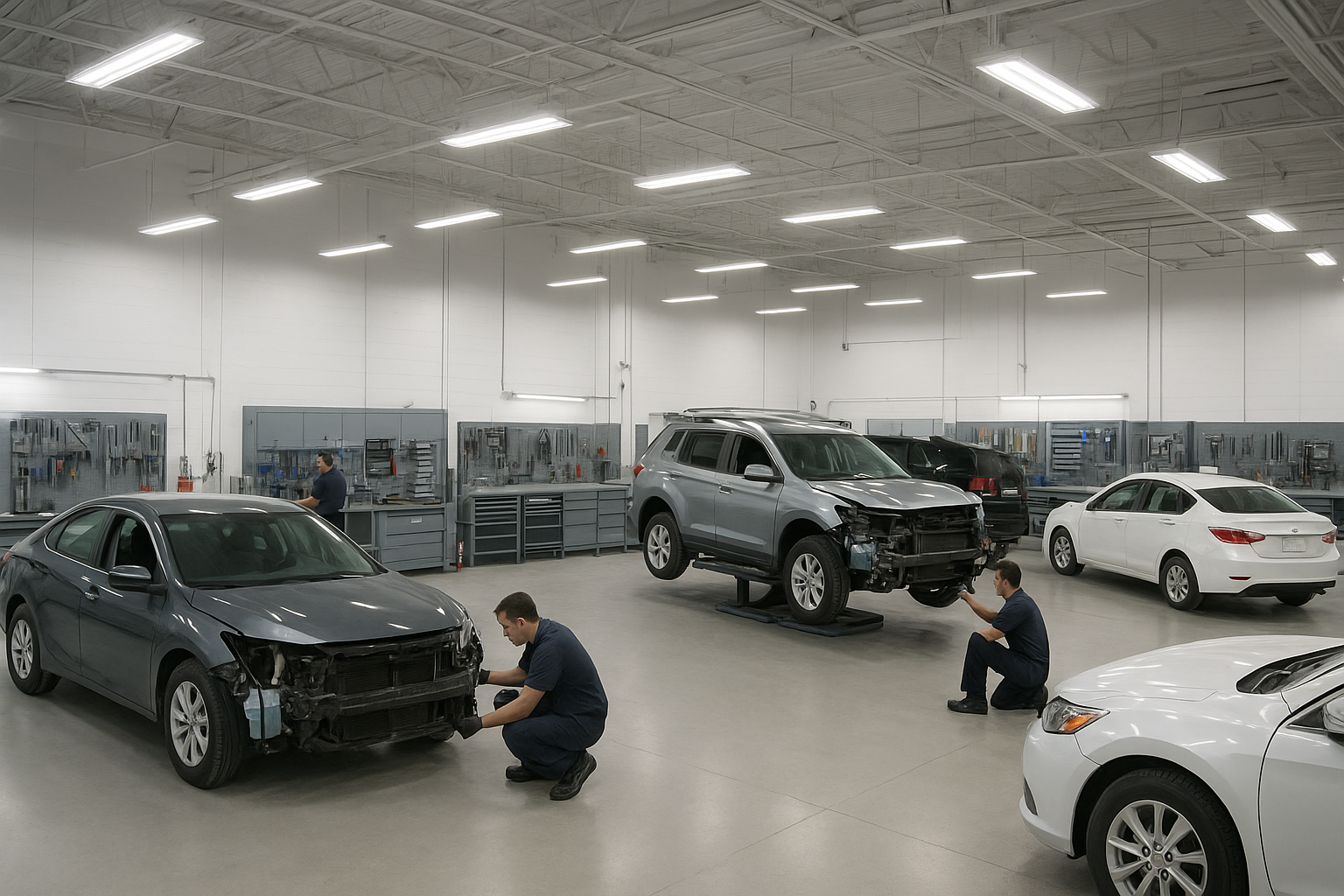 Interior of a modern auto body repair garage in Brea CA with vehicles being serviced