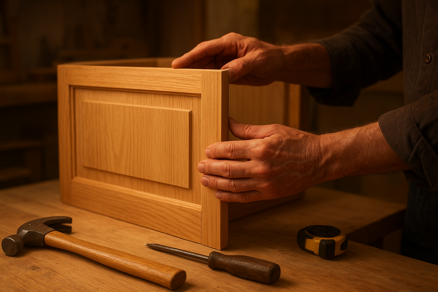 Craftsman installing a new cabinet door as part of a kitchen update project