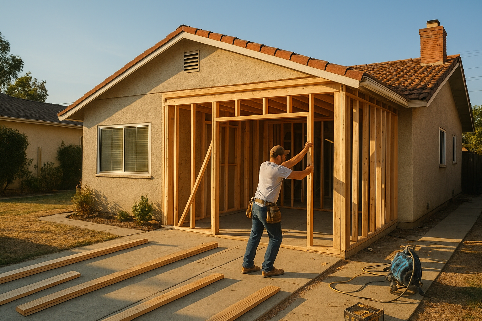 Garage conversion contractor in Riverside County framing a detached ADU conversion