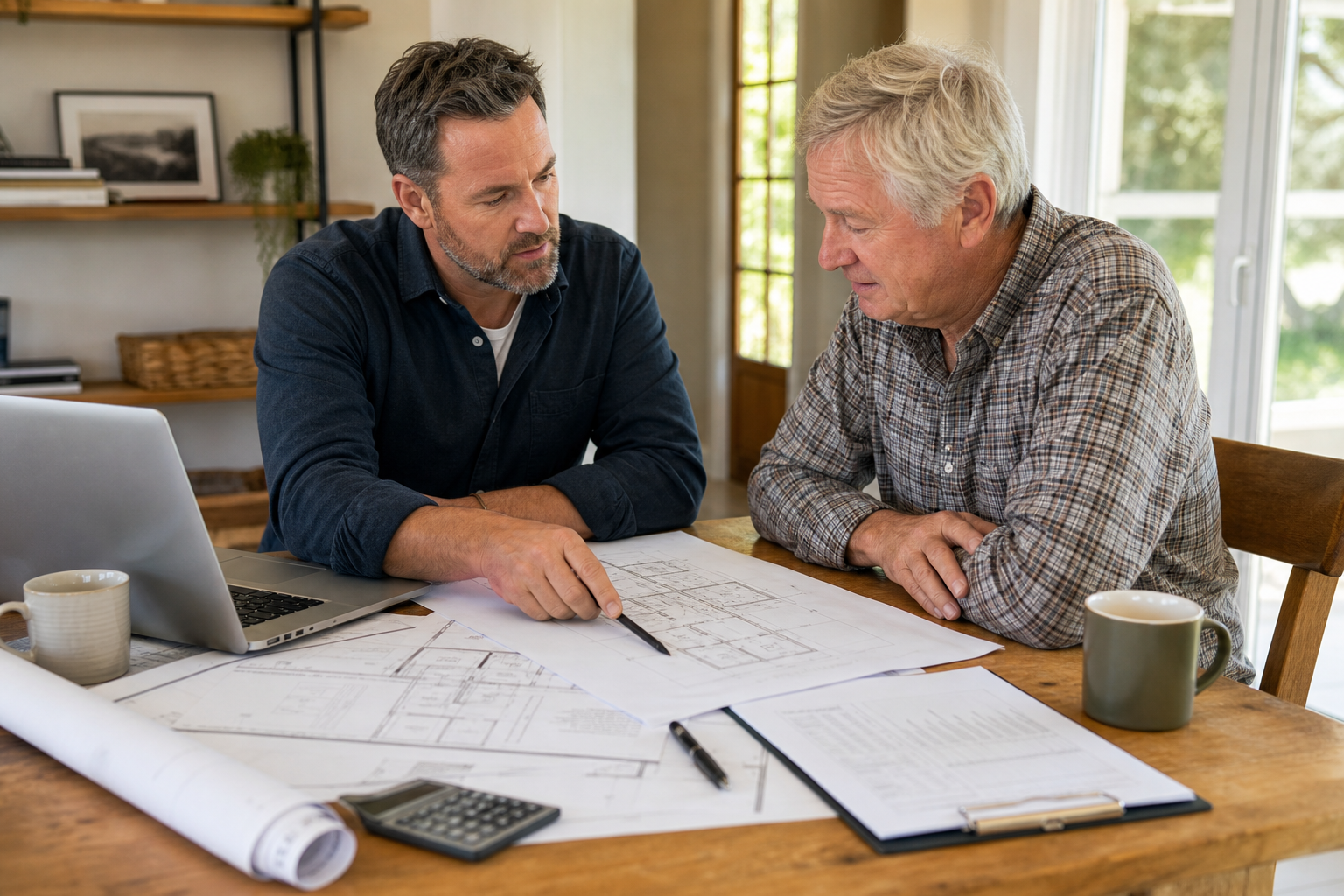 Contractor and homeowner reviewing documents during adu permit application support meeting