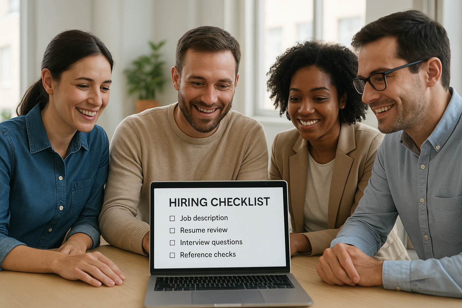 Small business team reviewing a hiring strategy checklist together