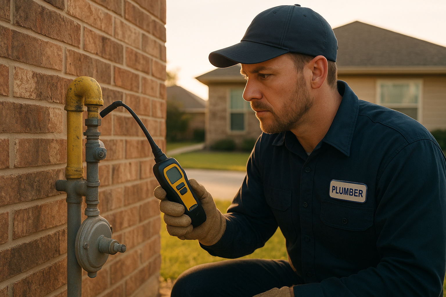 21136456_natural-gas-plumber-inspection Licensed natural gas plumber Kaufman County inspecting an outdoor gas line connection