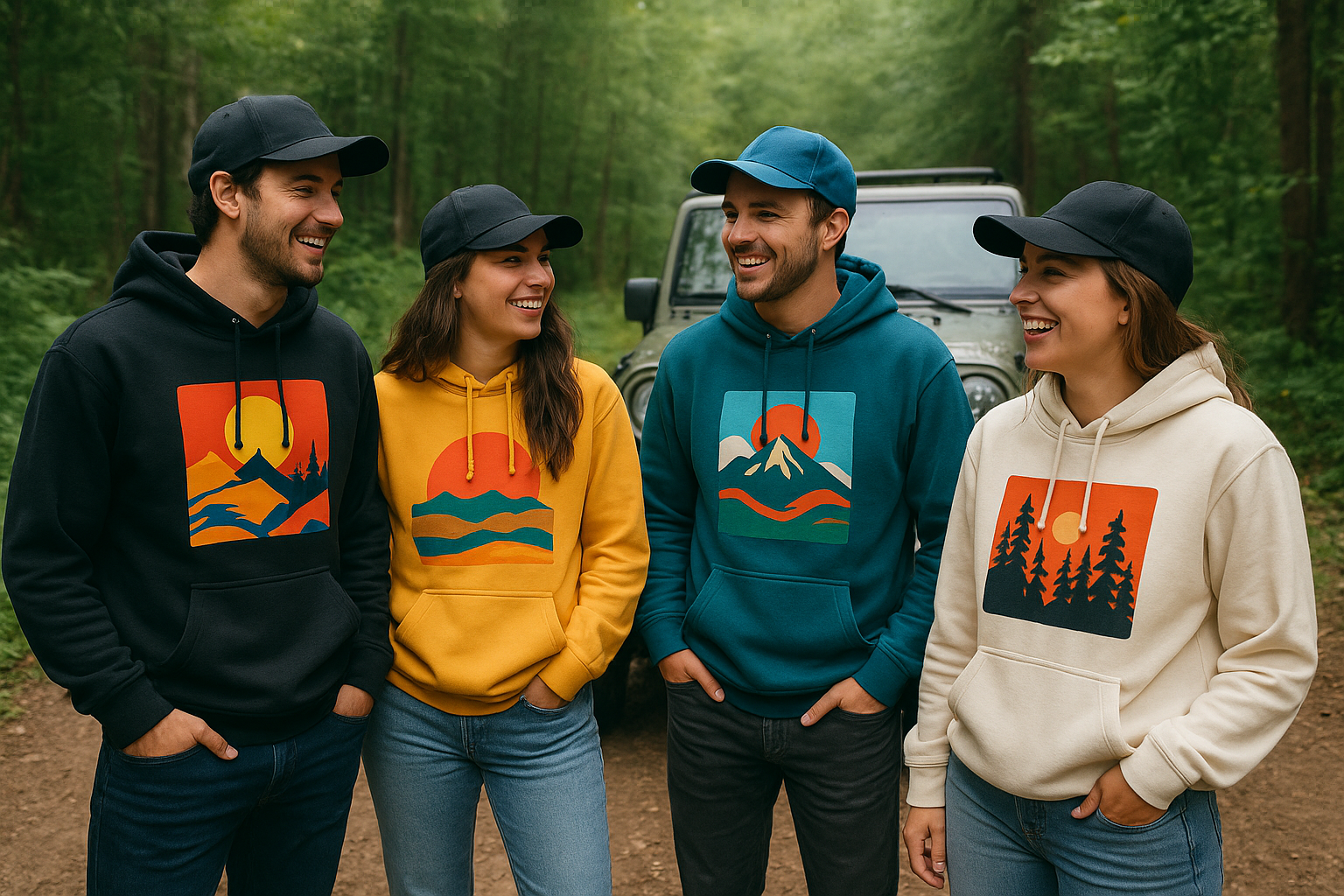 Group wearing matching custom off-roading apparel hoodies near a jeep on a forest trail