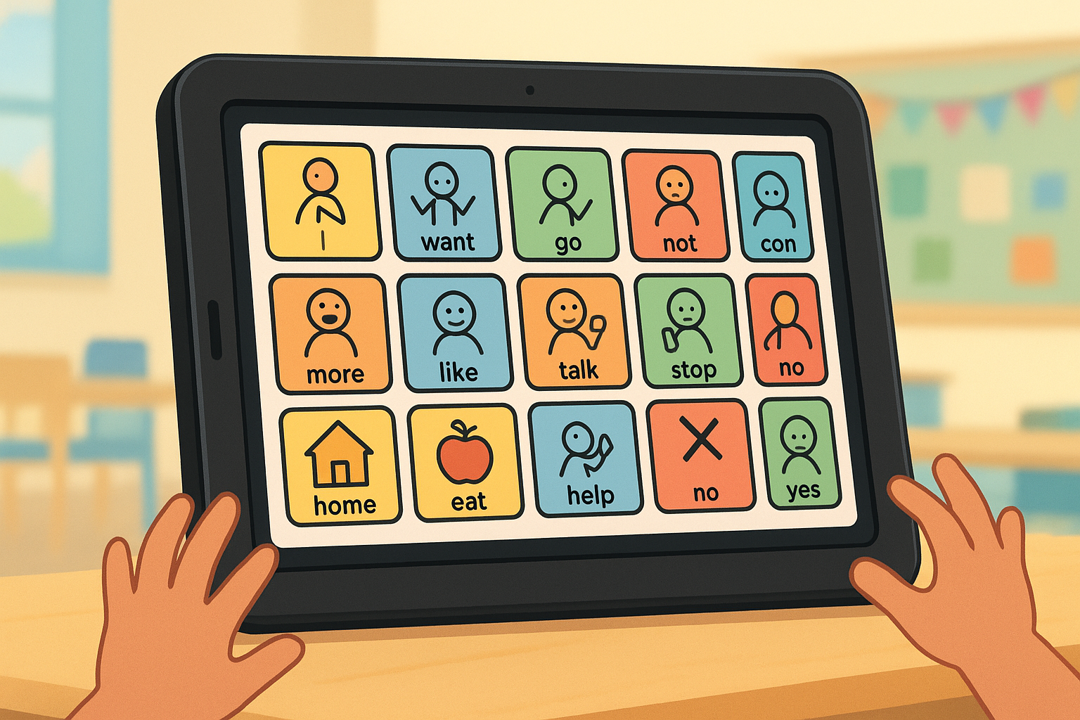 Core vocabulary symbols displayed on an AAC communication device for modeling practice