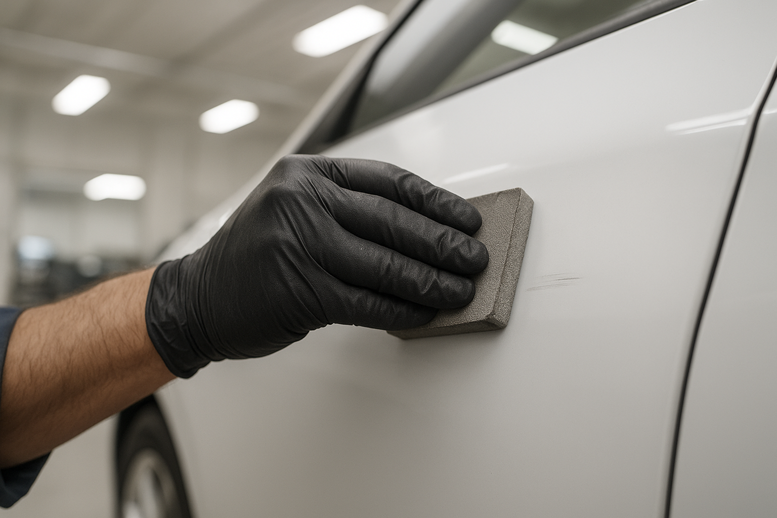 Technician performing scratch removal services Brea on a vehicle door panel
