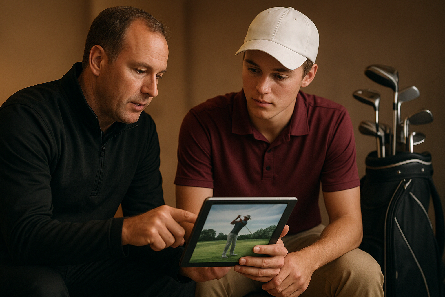 Coach reviewing swing video data with a competitive college golfer