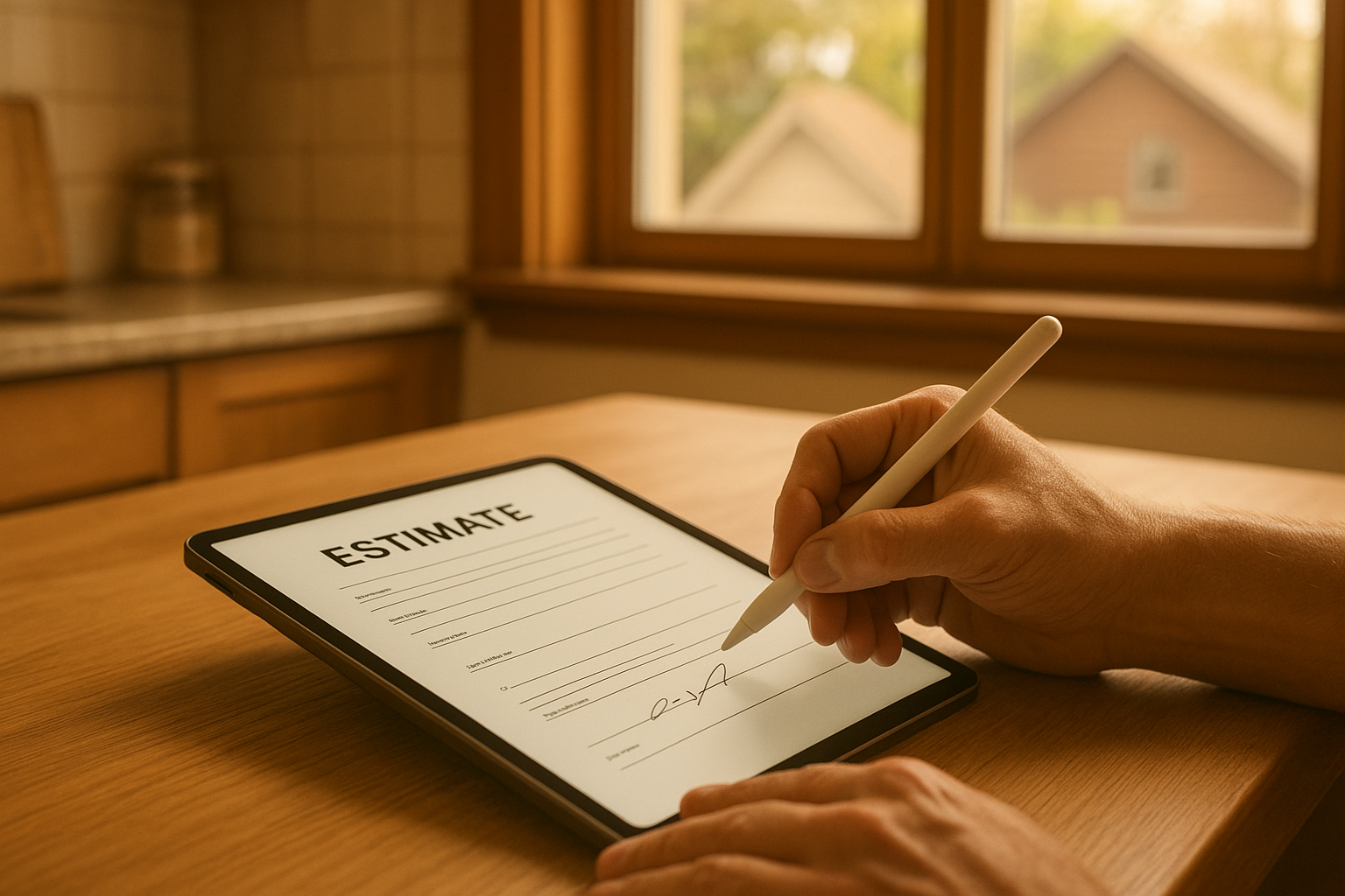Homeowner signing a roofing estimate on a tablet connected to production software