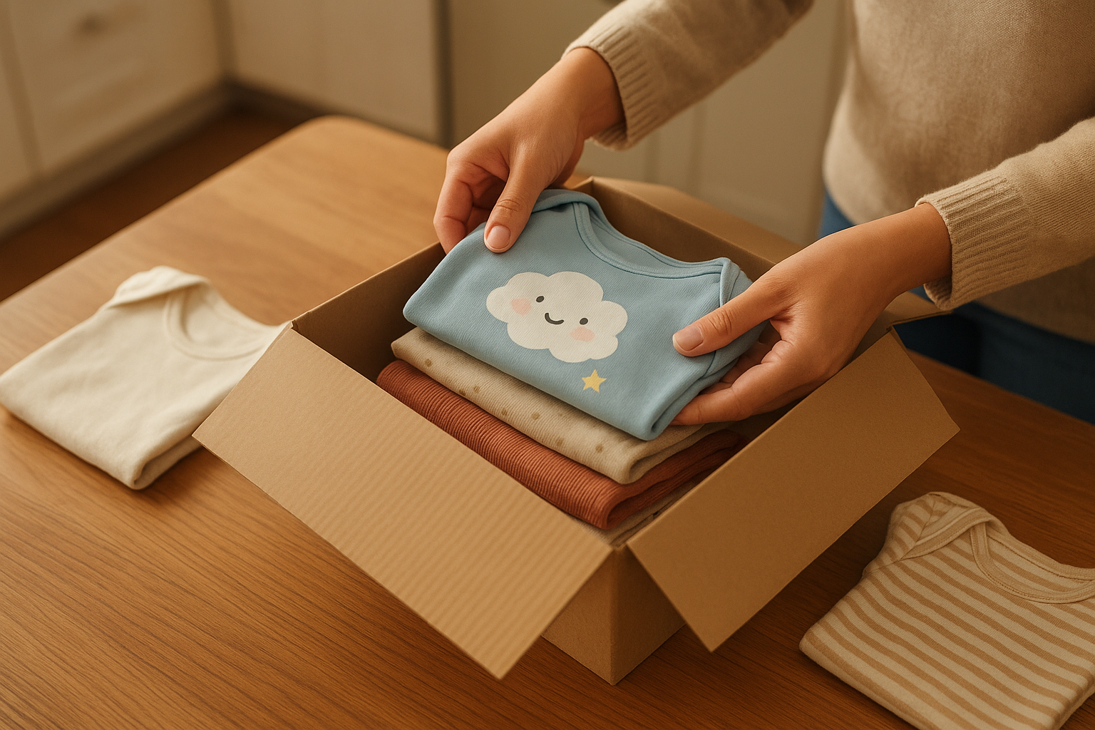 Parent preparing a toddler clothing rental return box at home