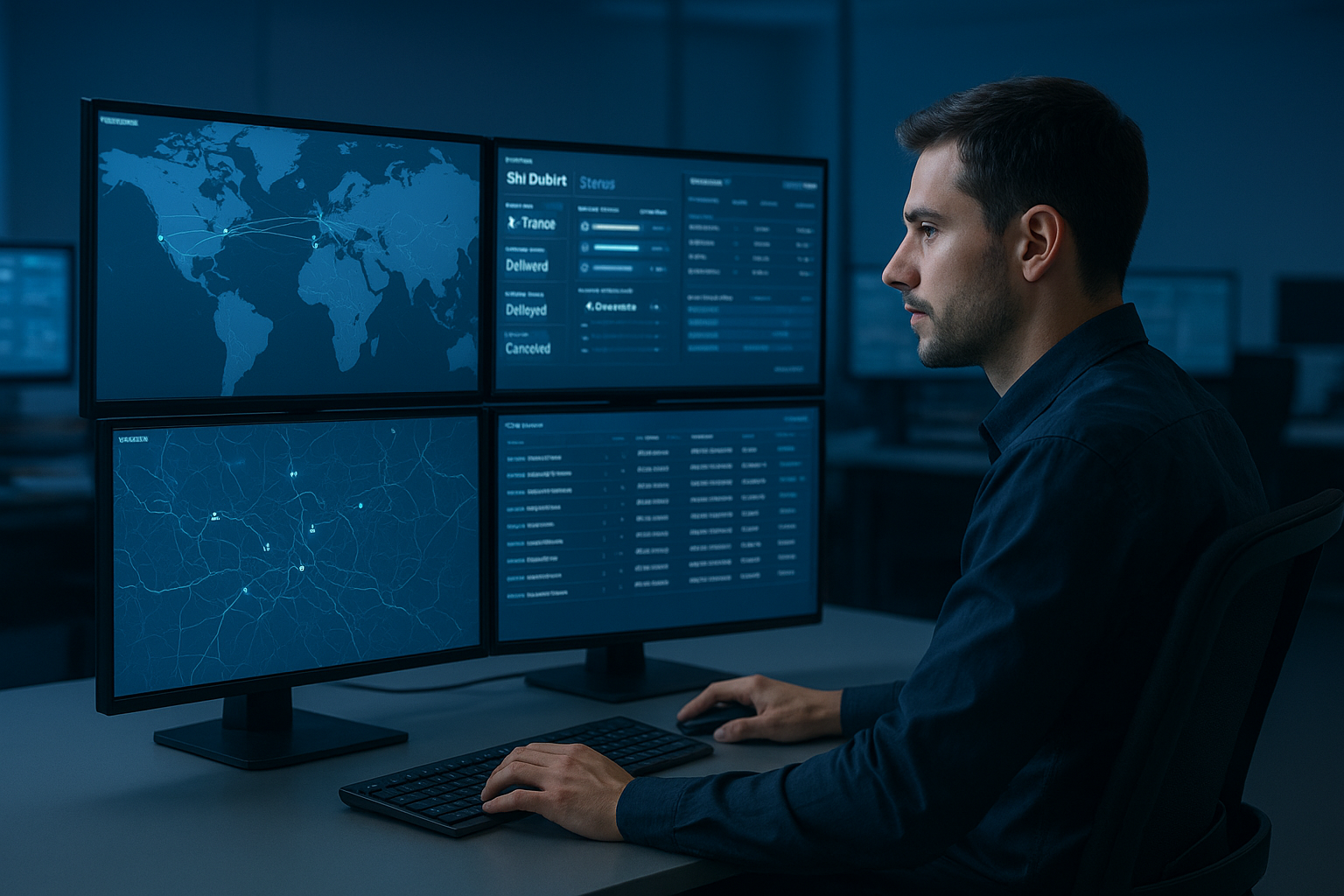 Logistics dispatcher reviewing pilot freight tracking dashboard on multiple monitors