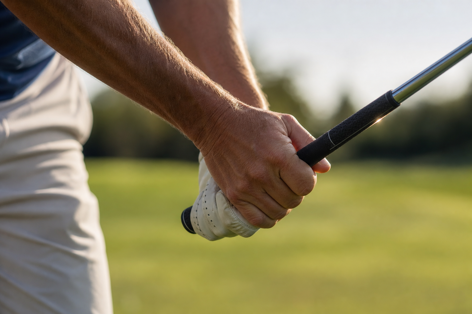 Golfer's grip and swing captured mid-motion on a competitive golf course
