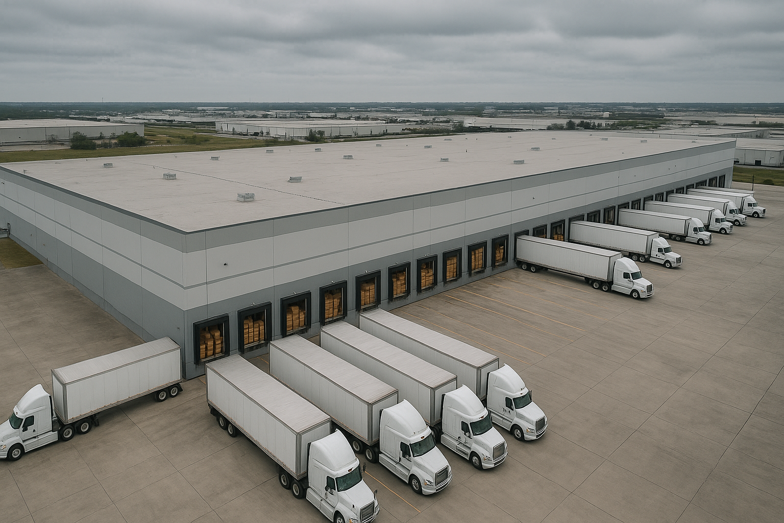 Aerial view of a distribution warehouse handling multiple inbound freight trailers