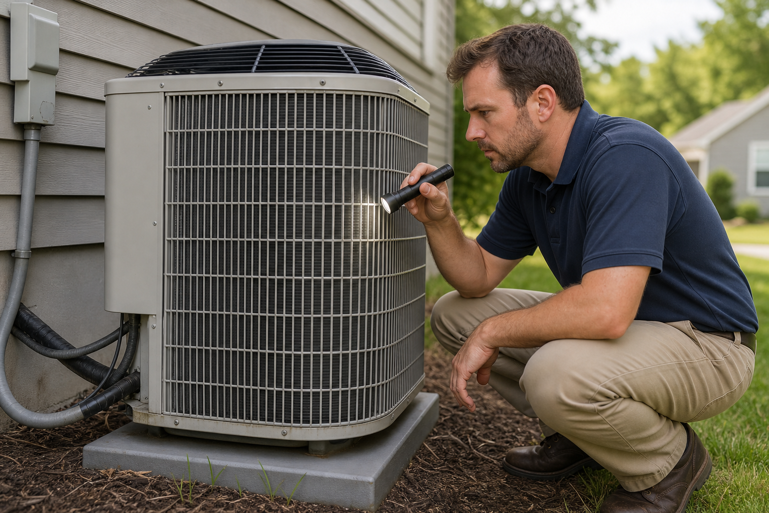Home inspector performing a cooling system inspection on an outdoor AC condenser unit