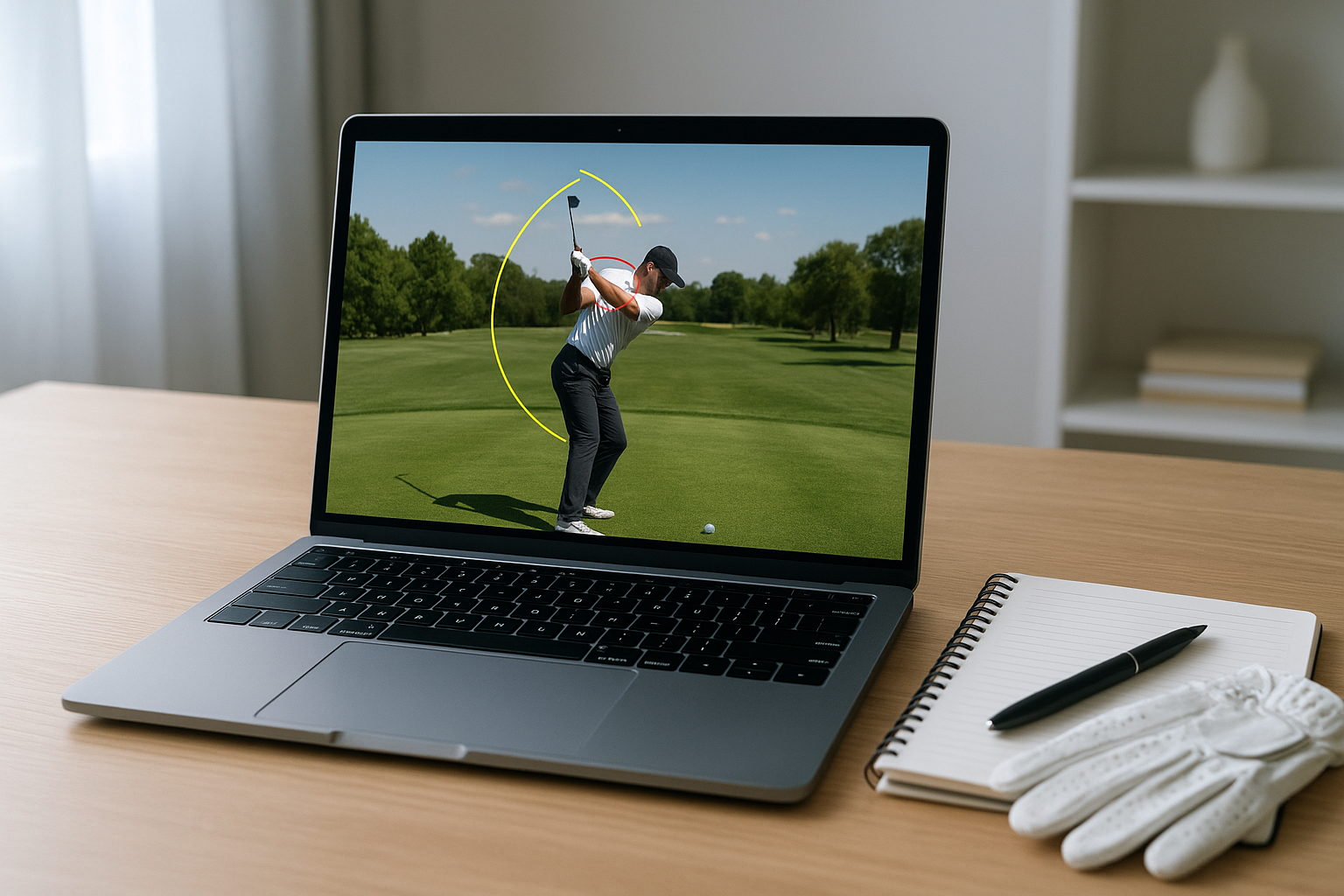 Laptop displaying annotated swing footage used in remote golf performance coaching
