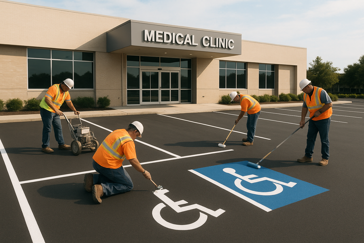 Crew performing parking lot striping for healthcare facilities plano tx outside a medical clinic entrance