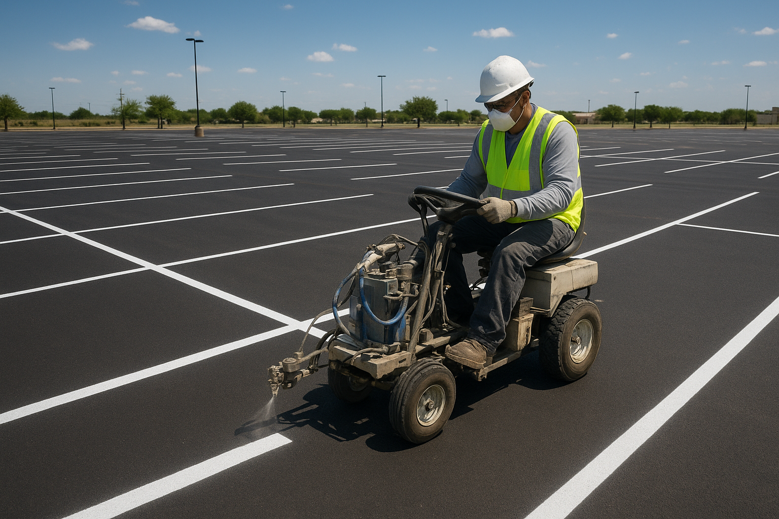 Professional technician applying road marking services on a Texas commercial parking lot using a striping machine