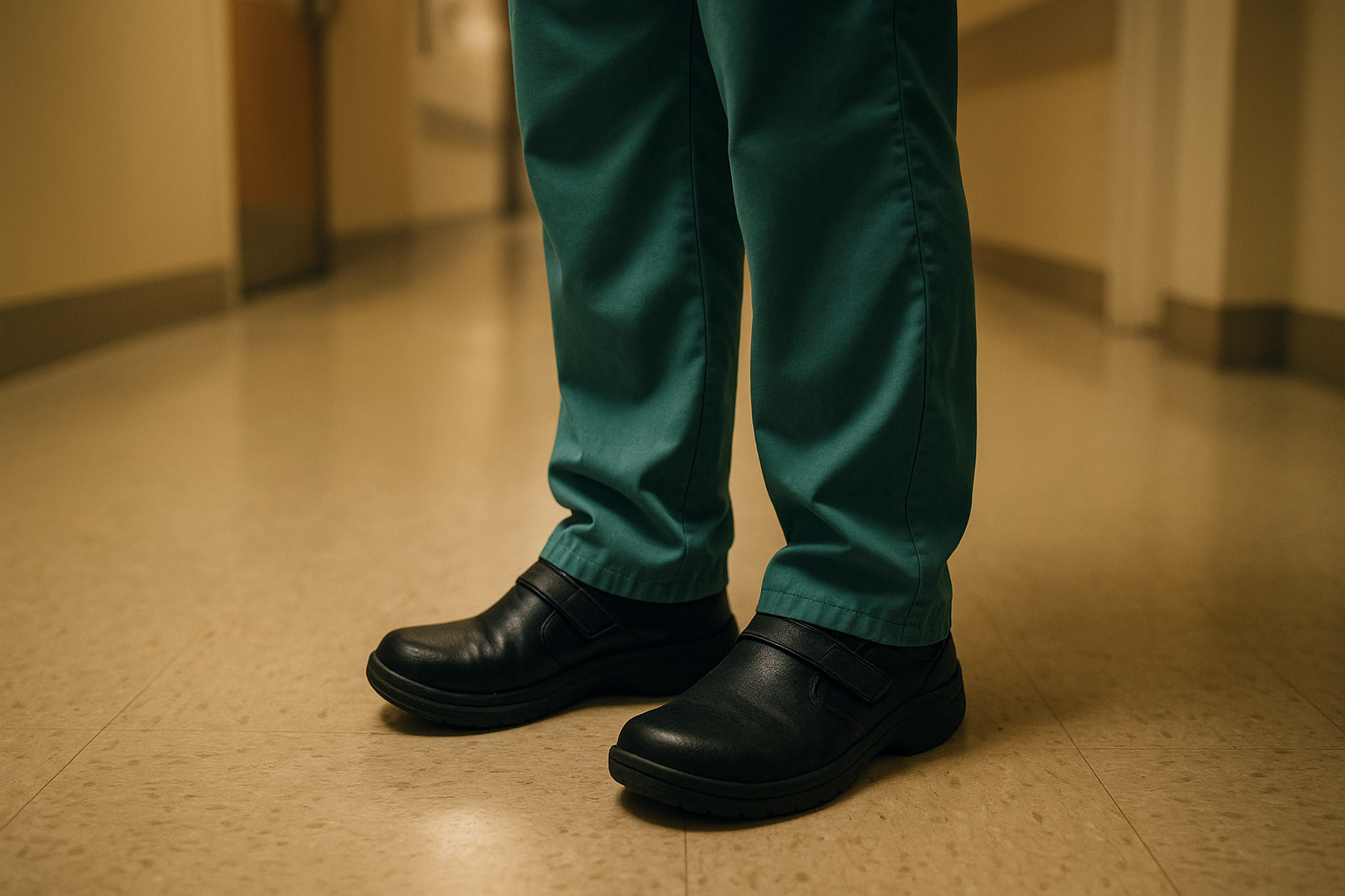 Healthcare worker standing on hard floor benefiting from supportive insoles during a long shift