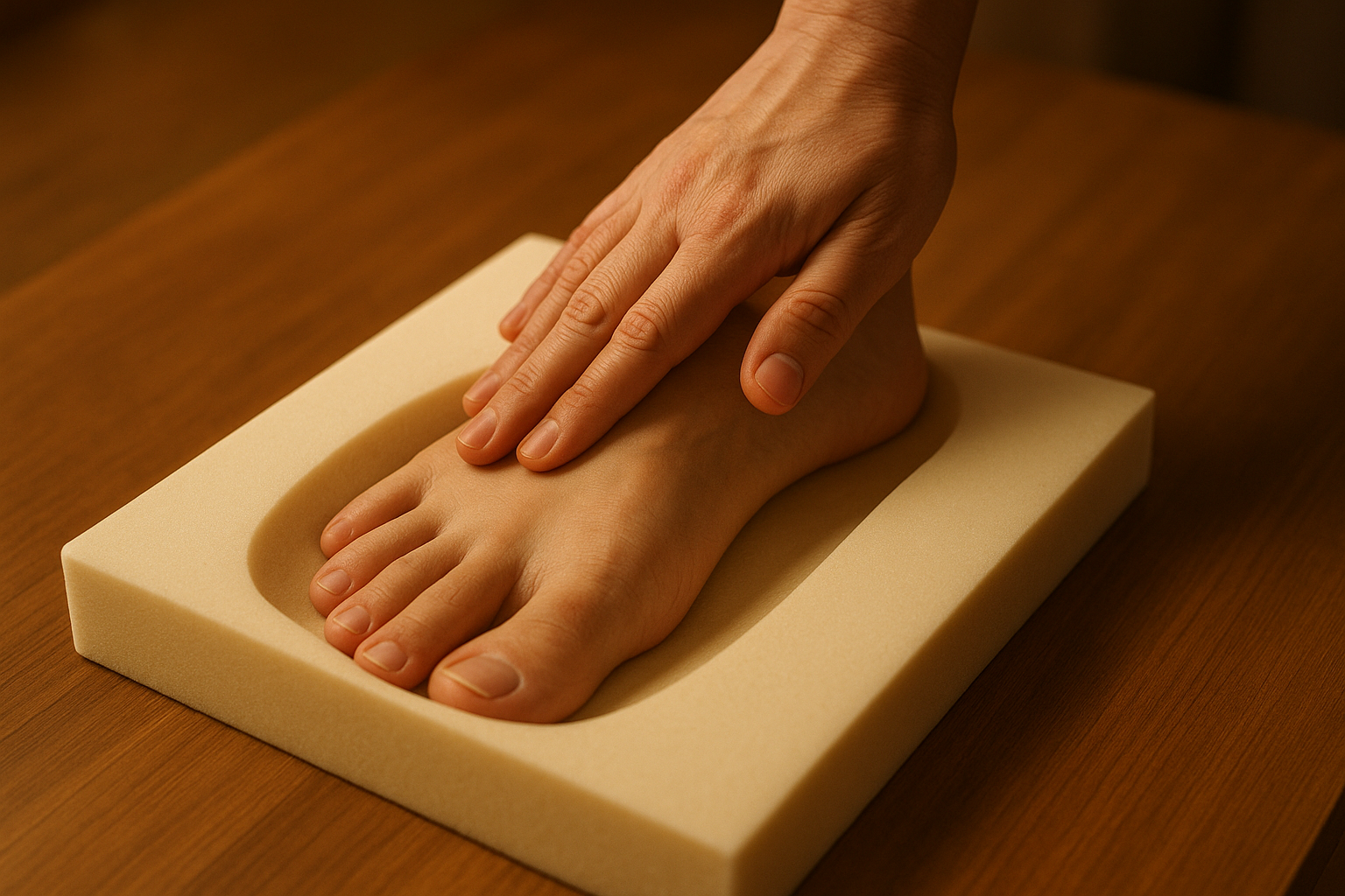 Person creating a foam foot impression mold for ordering custom orthotics online