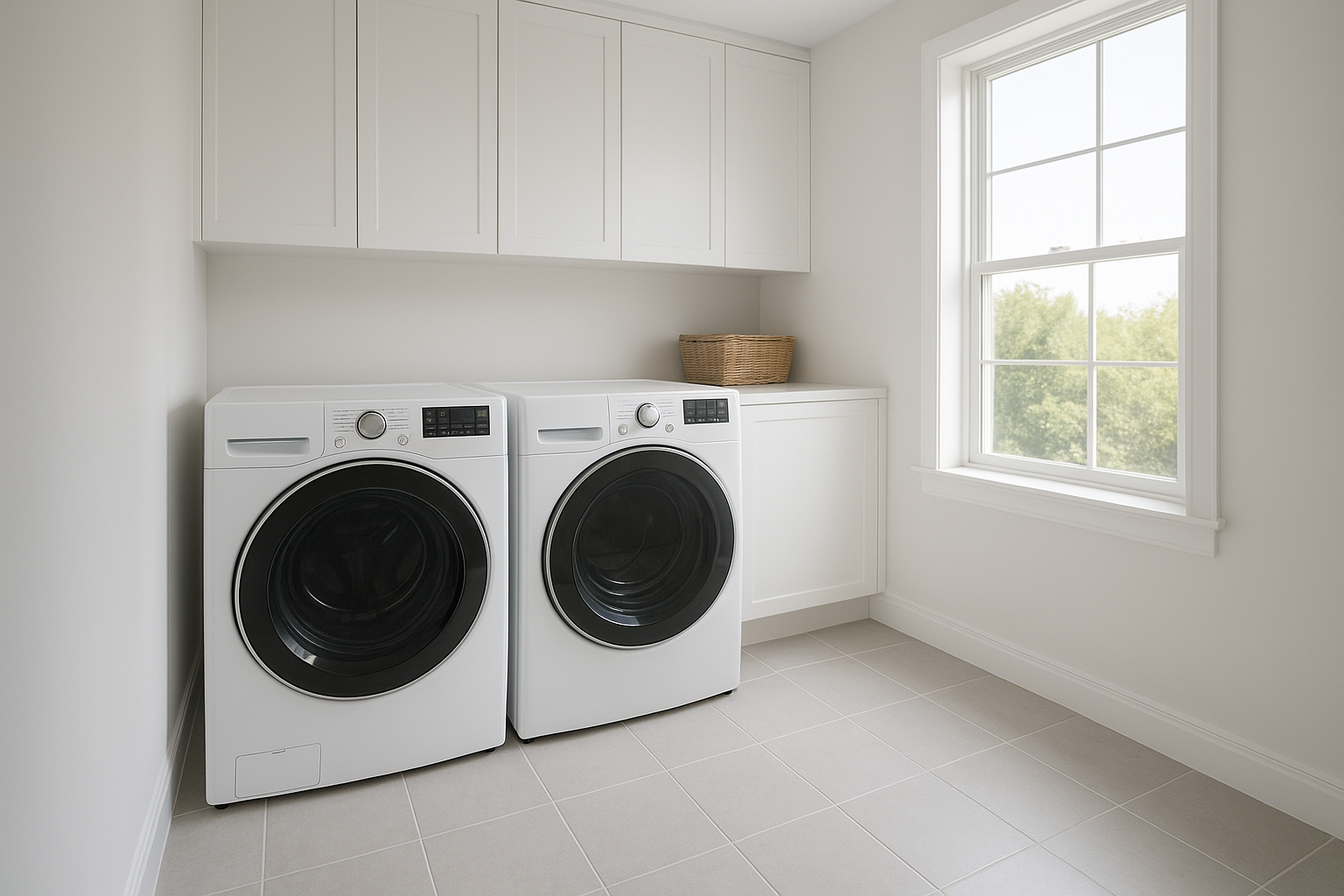 Modern laundry room featuring a completed washer dryer installation with front-load appliances
