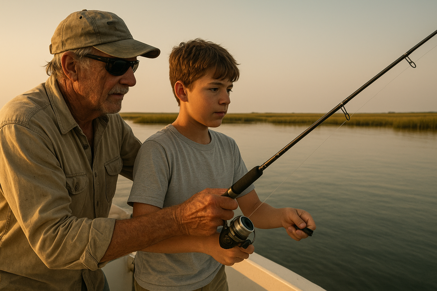 Captain guiding a young angler during Myrtle Beach fishing trips with captain instruction