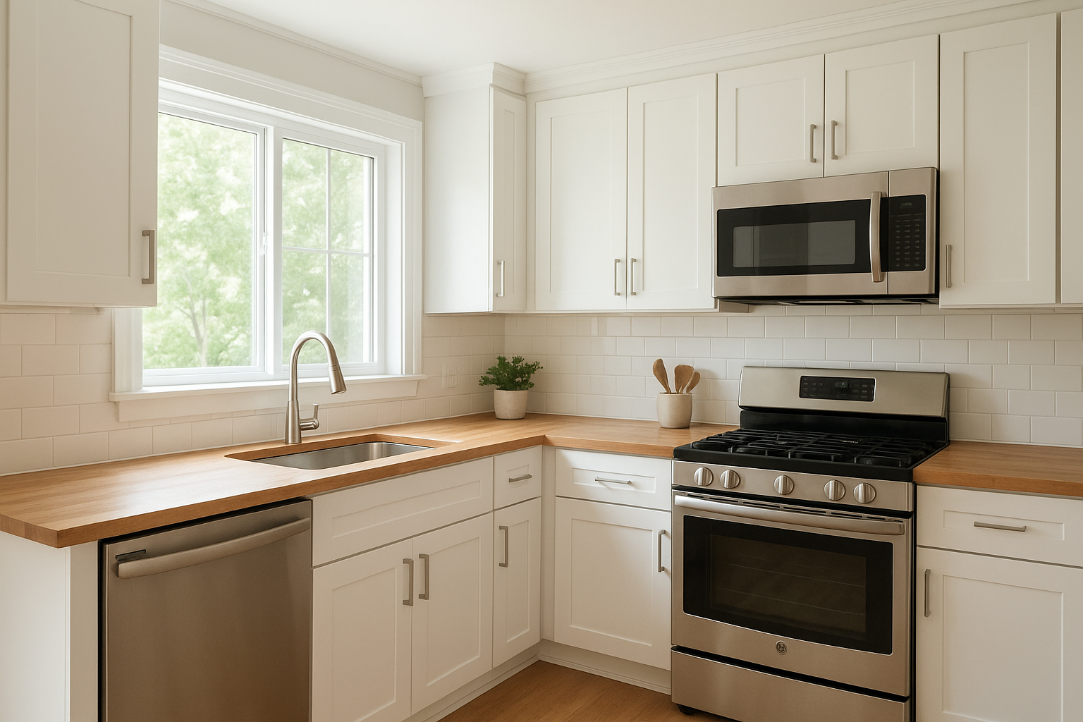 Custom cabinet refacing Cincinnati kitchen with white shaker doors and warm wood countertops