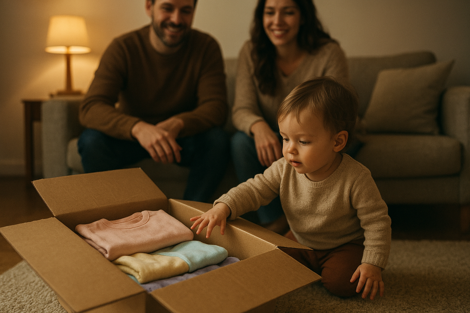 Child reaching into a delivered bundle from a kids clothing rental subscription