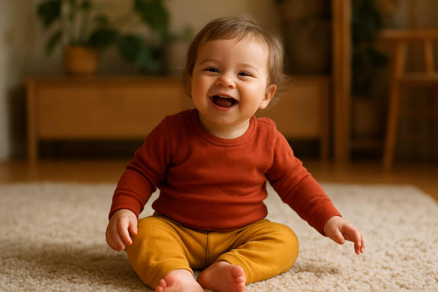 Happy toddler wearing a fresh rented outfit from a kids clothing rental online service at home