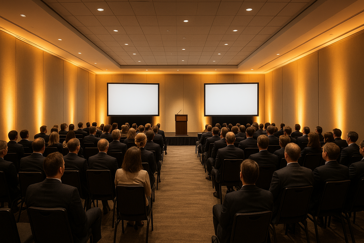 Corporate event AV production services setup with projection screen and podium microphone
