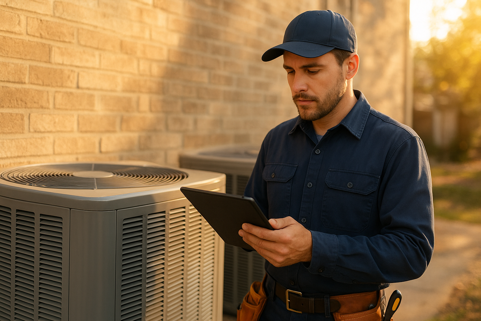 HVAC technician reviewing a production schedule on a tablet at a job site