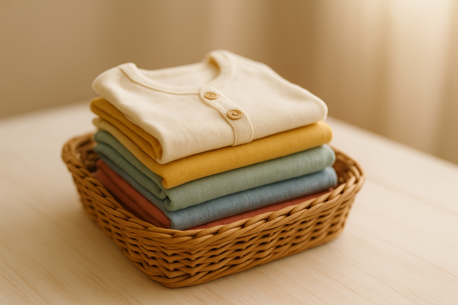 Curated rental clothes for babies neatly folded in a basket ready for delivery