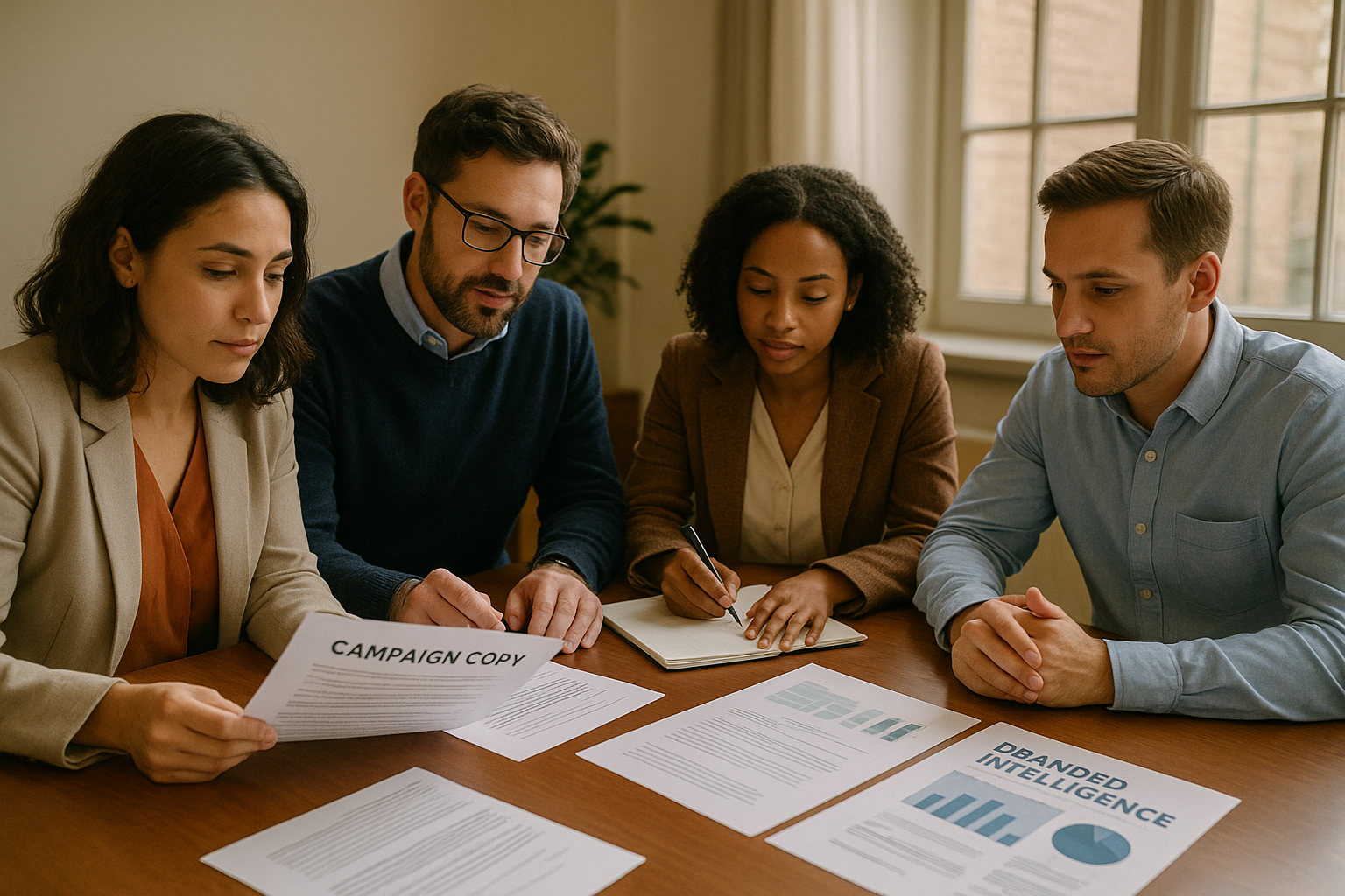 Marketing team reviewing a finished campaign pack built from competitor review complaints