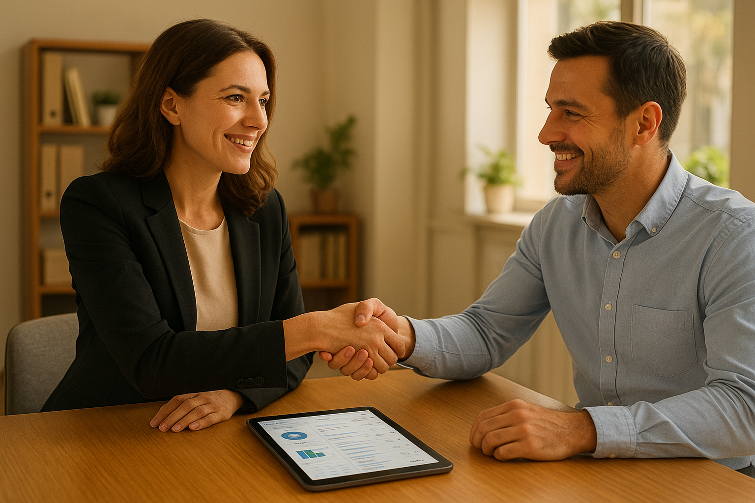 HR consultant and small business owner discussing a web based hr system strategy
