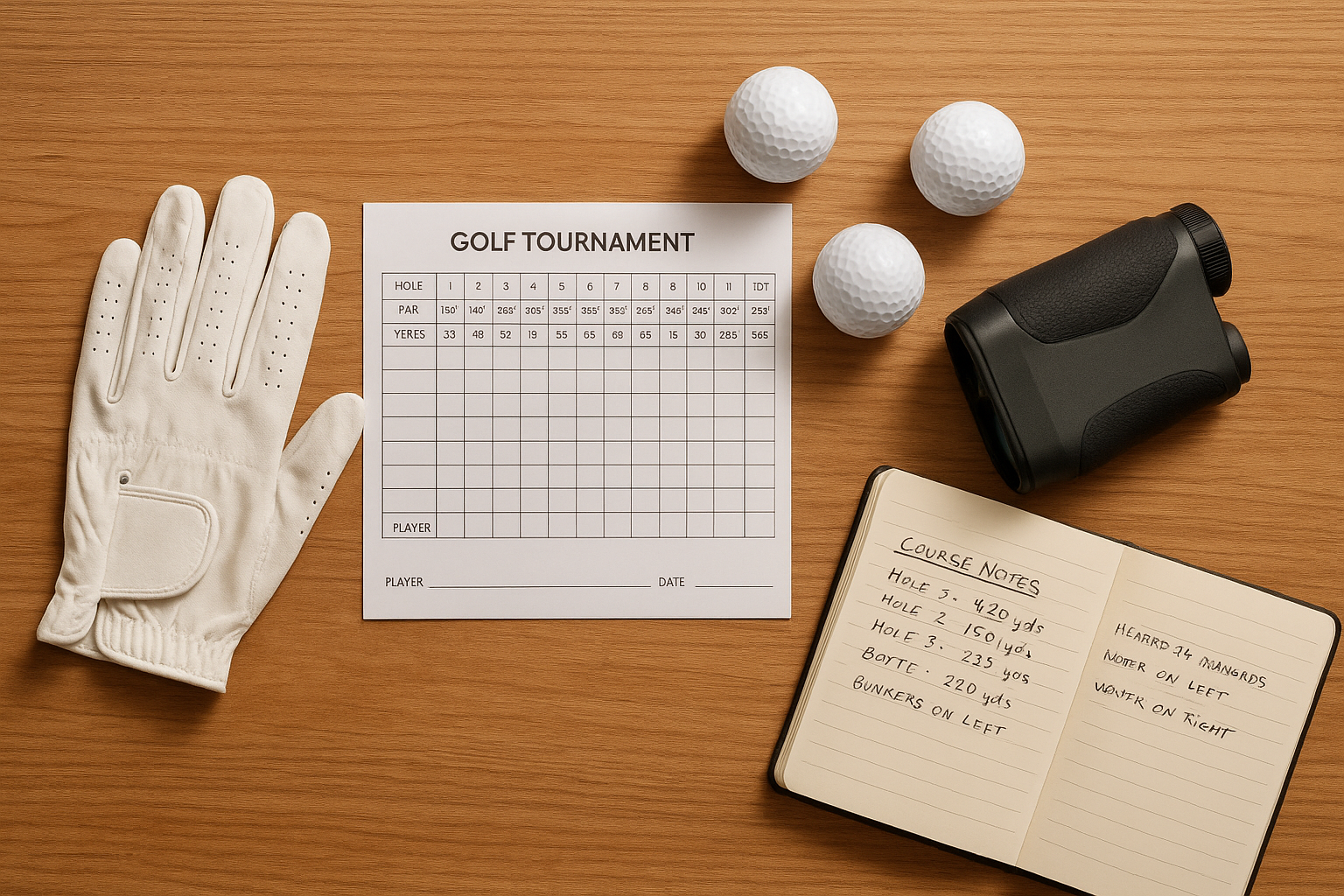 Golf tournament preparation checklist items arranged including scorecard, glove, and rangefinder