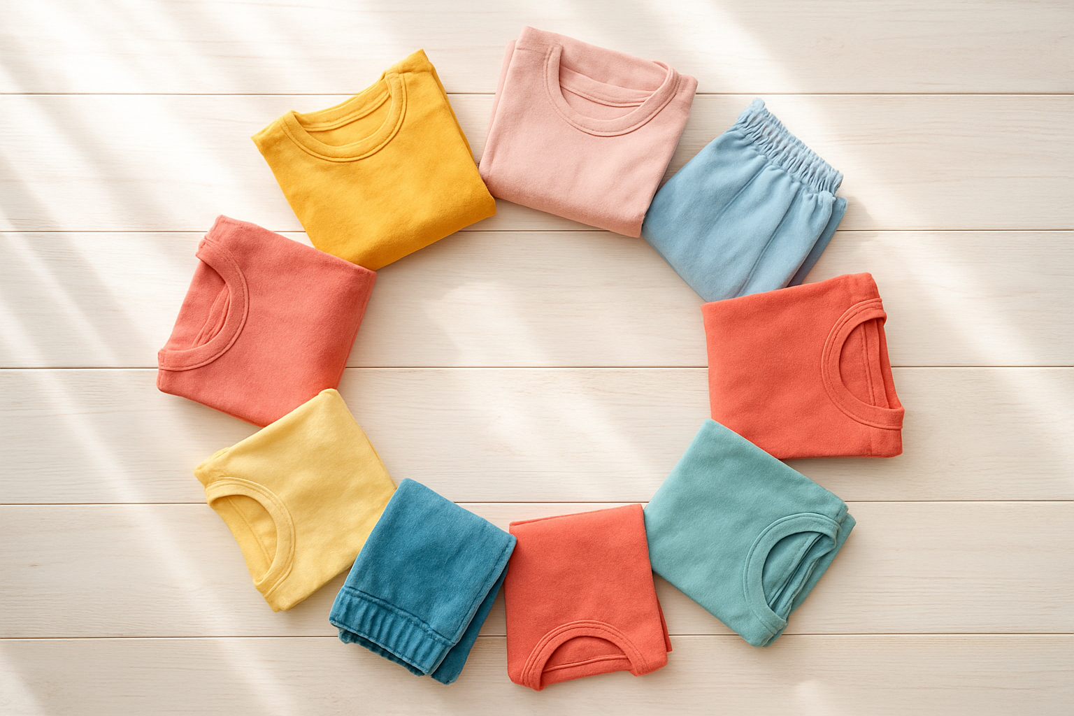 Colorful children's clothing neatly folded and arranged for a wardrobe exchange program