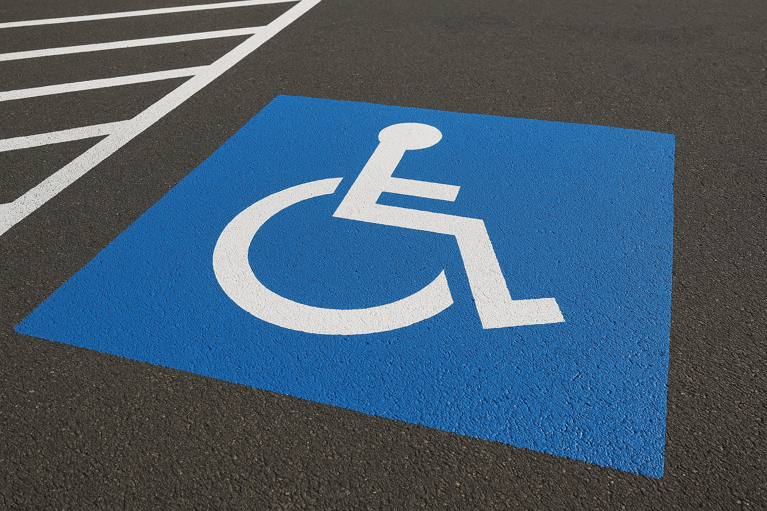 Freshly painted ADA-compliant handicap parking space with International Symbol of Access stencil as part of a professional parking lot striping service