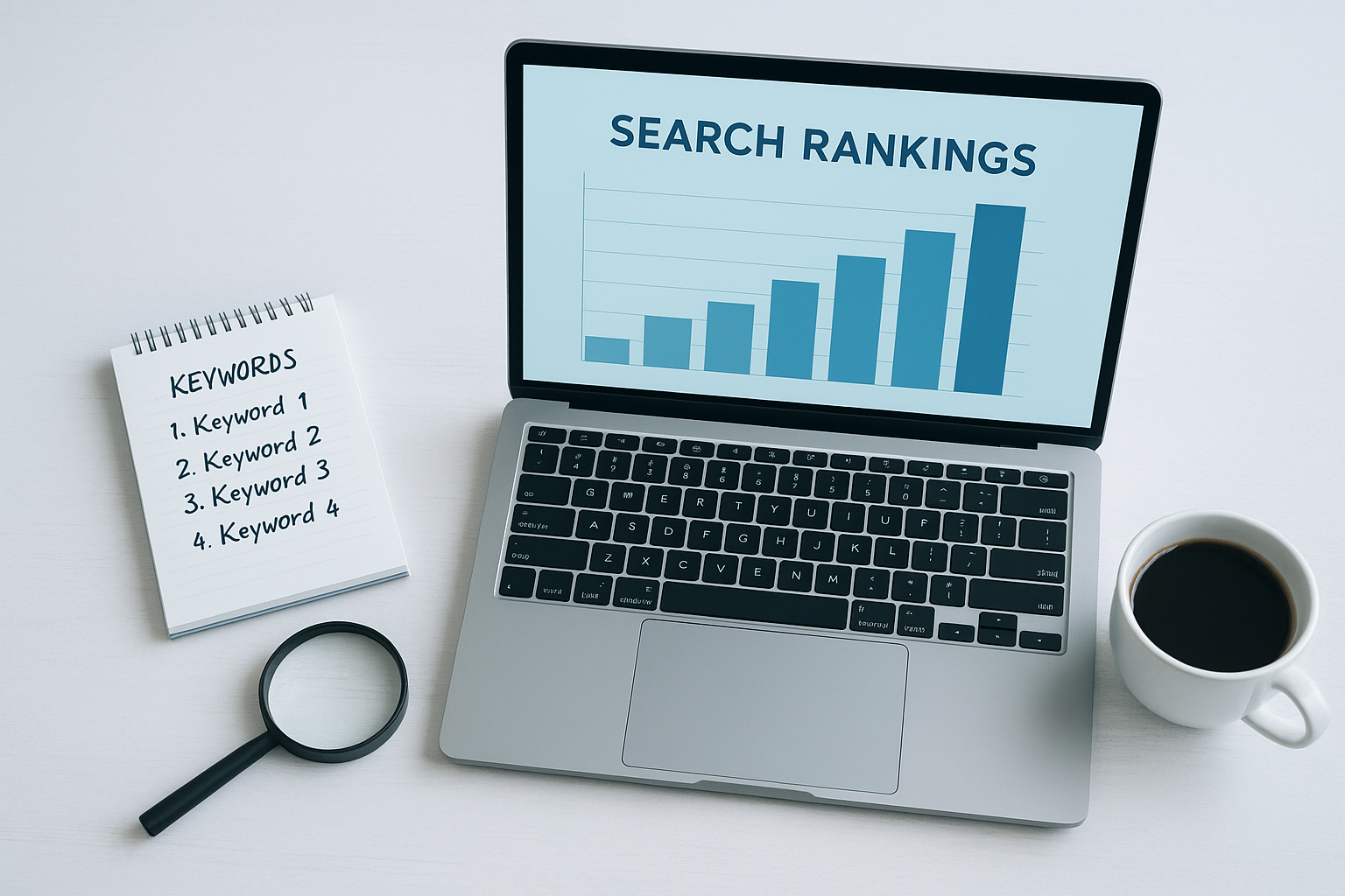 Laptop showing rising SEO rankings with keyword notes on a clean desk