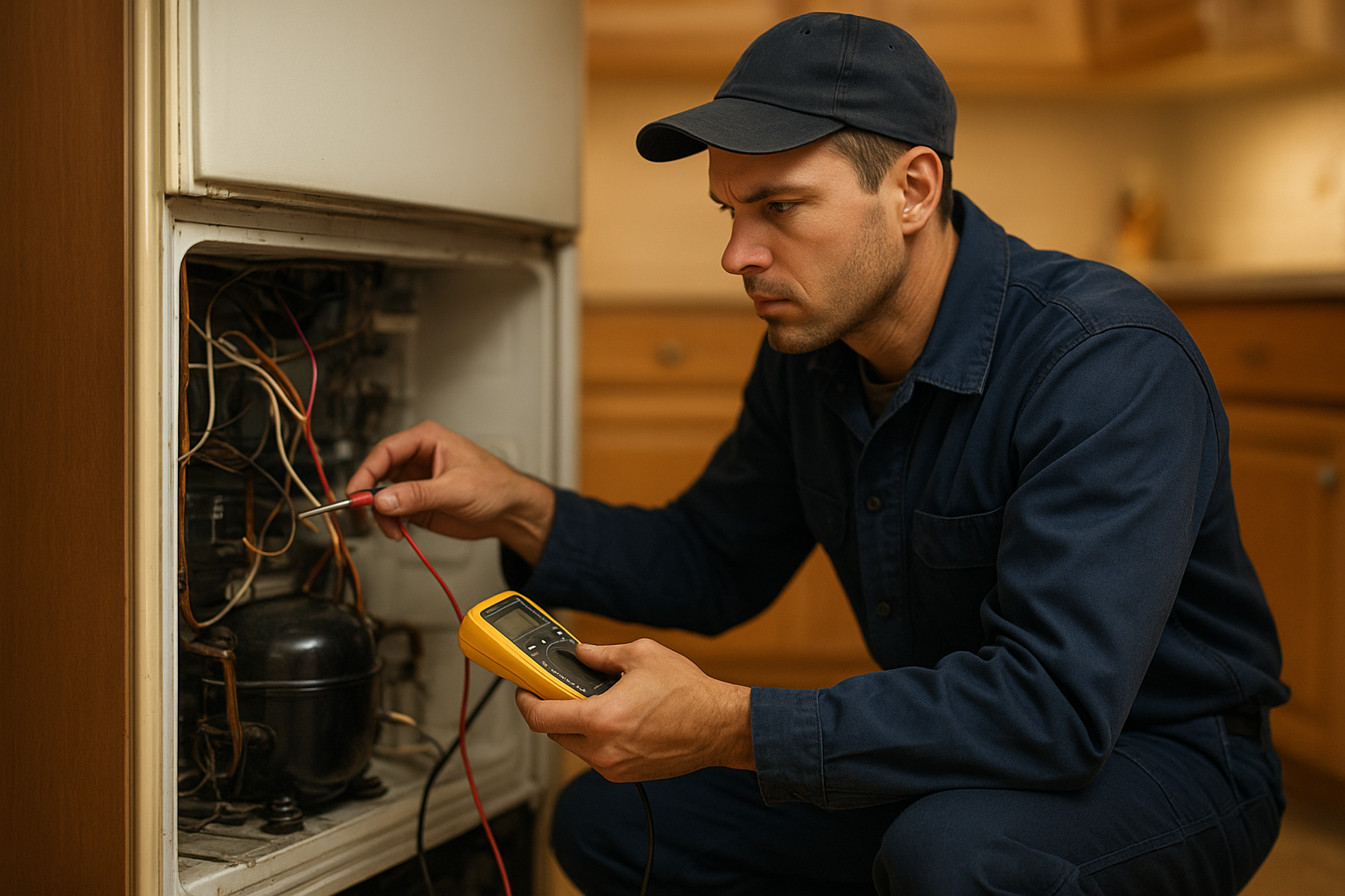 Technician performing appliance repair on a refrigerator in a home kitchen
