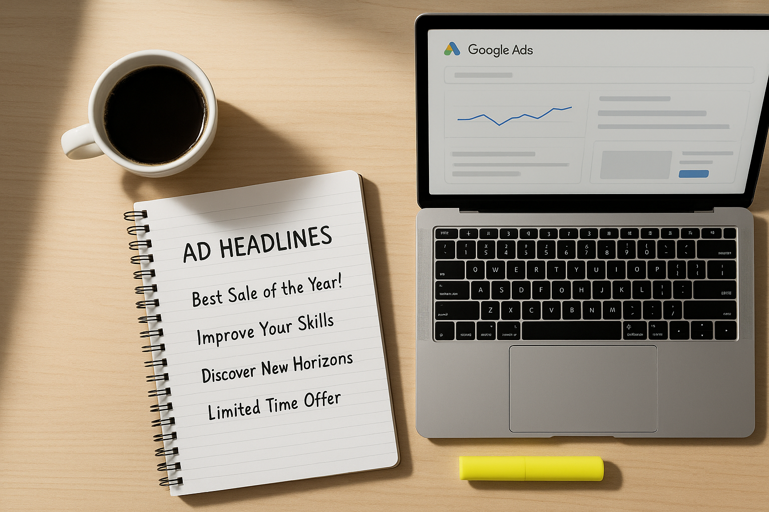 Marketing planning desk showing draft Google Ads headlines for an HVAC campaign