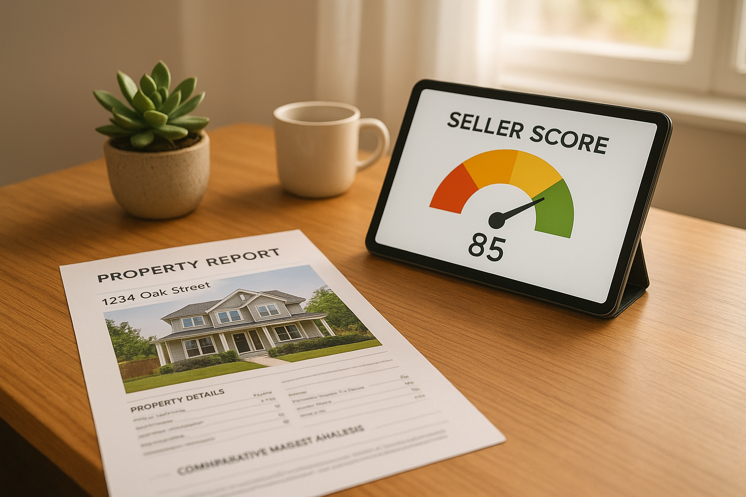 Printed seller wealth report next to a tablet showing seller lead generation software scoring dial