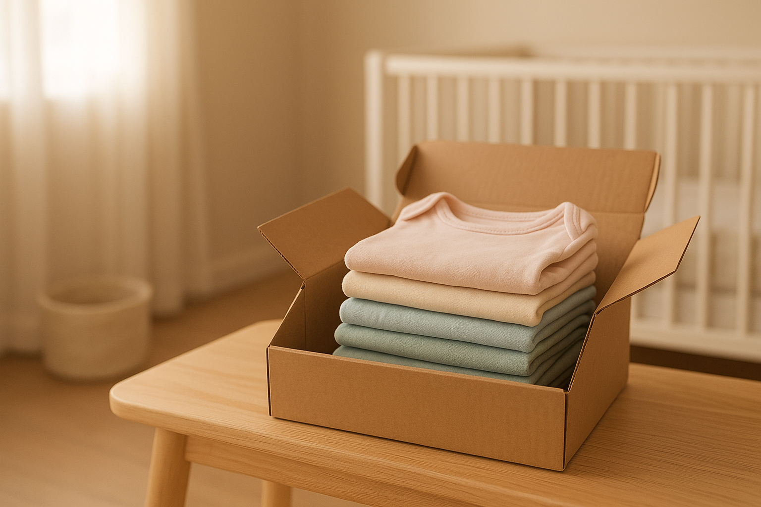Folded baby clothes in a delivery box representing affordable baby apparel rental